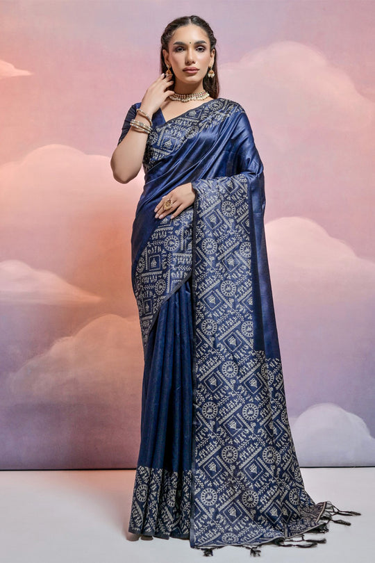 Navy Blue Silk Blend Saree With Blouse Piece Navy Blue Silk Blend Saree With Blouse Piece