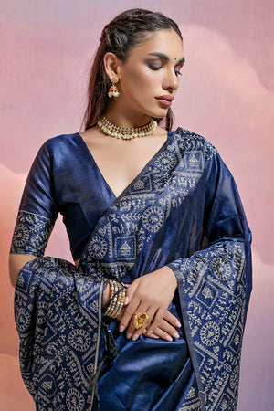 Navy Blue Silk Blend Saree With Blouse Piece