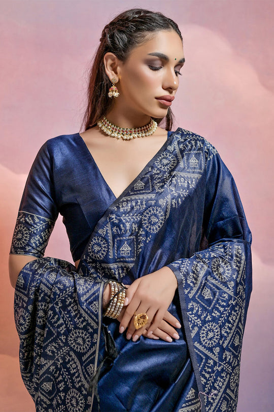 Navy Blue Silk Blend Saree With Blouse Piece Navy Blue Silk Blend Saree With Blouse Piece