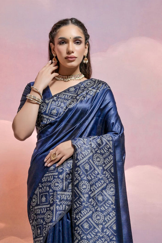 Navy Blue Silk Blend Saree With Blouse Piece Navy Blue Silk Blend Saree With Blouse Piece