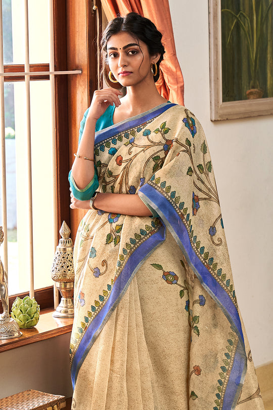 Cream Linen Blend Saree Cream Linen Blend Saree