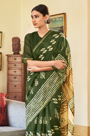 Hunter Green Linen Blend Saree
