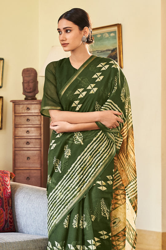 Hunter Green Linen Blend Saree Hunter Green Linen Blend Saree