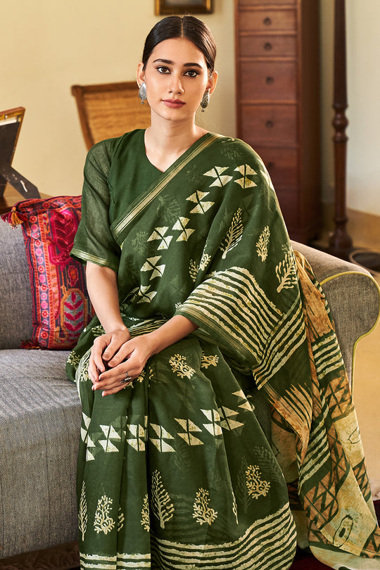 Hunter Green Linen Blend Saree Hunter Green Linen Blend Saree