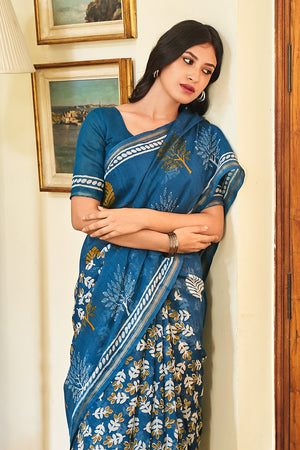Azure Blue Linen Blend Saree
