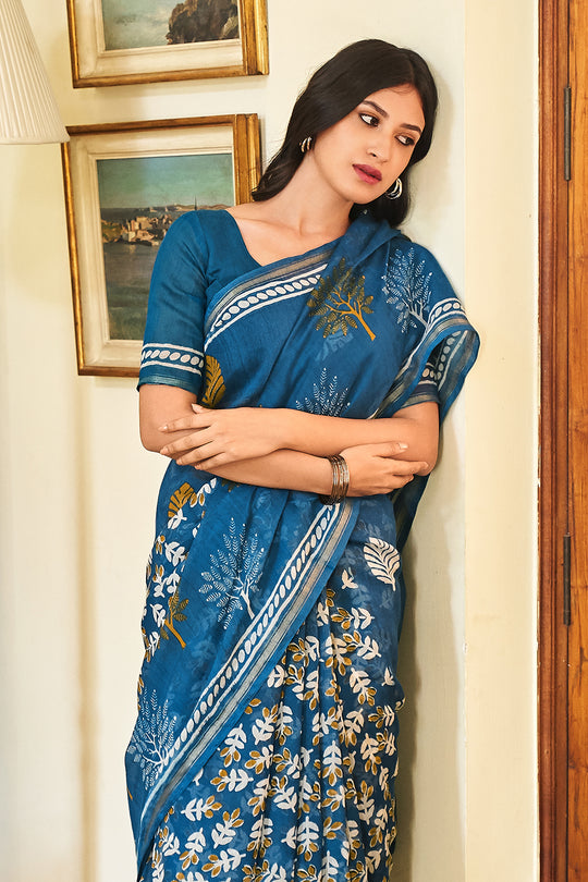 Azure Blue Linen Blend Saree Azure Blue Linen Blend Saree