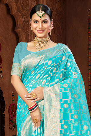 Sky Blue Cotton Saree With Blouse Piece