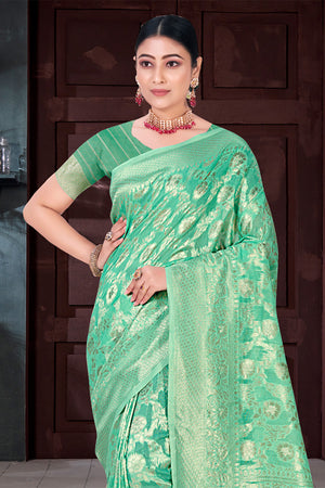 Sea Green Cotton Saree With Blouse Piece