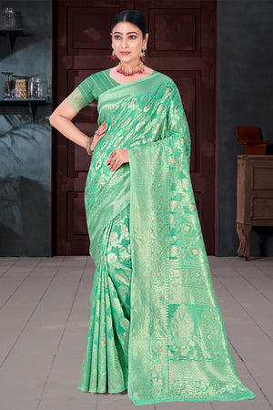 Sea Green Cotton Saree With Blouse Piece