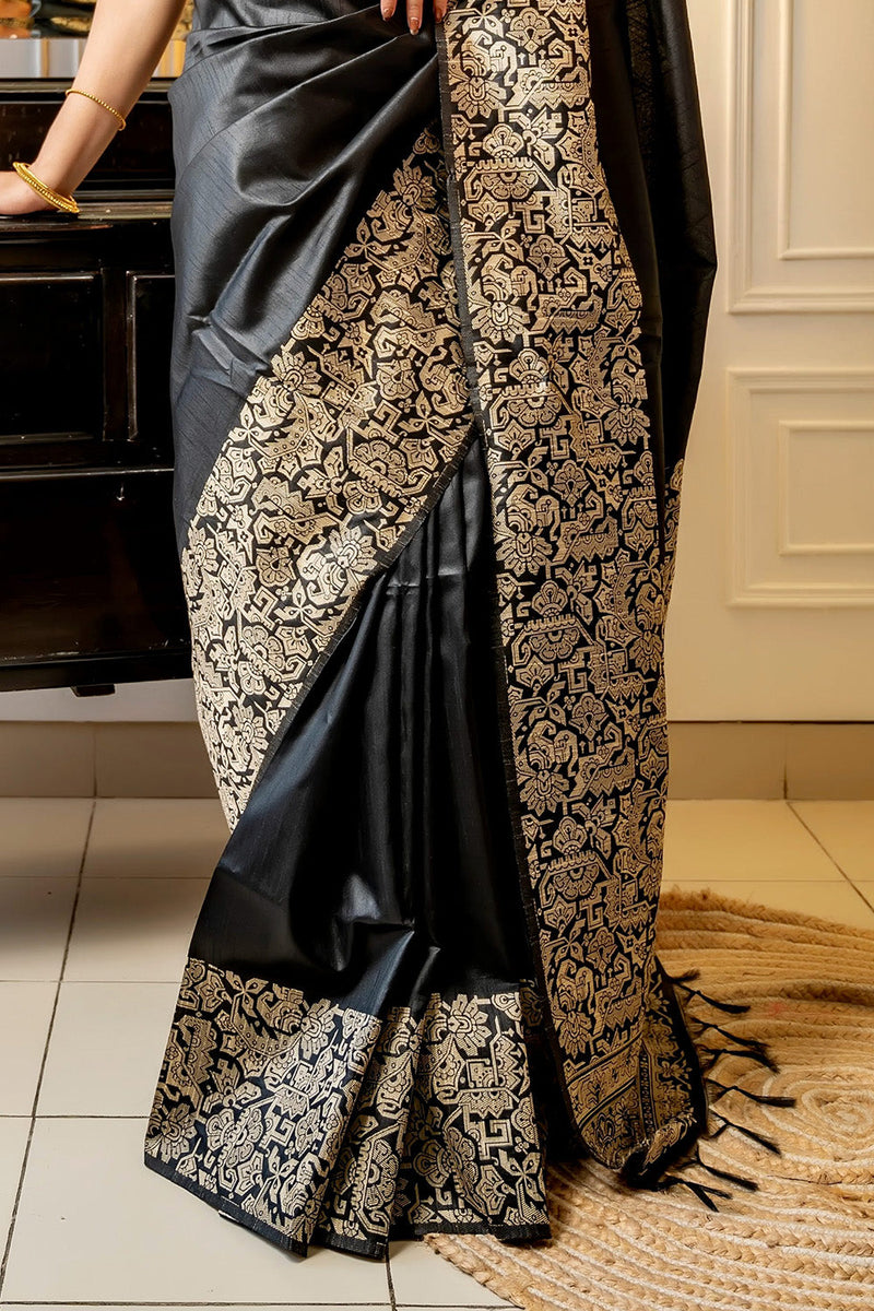Black Abstract Printed Silk Saree With Unstitched Blouse Piece