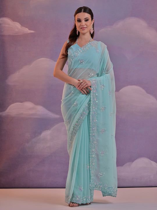 Sky Blue Pure Georgette Party Wear Saree With Blouse Piece Sky Blue Pure Georgette Party Wear Saree With Blouse Piece