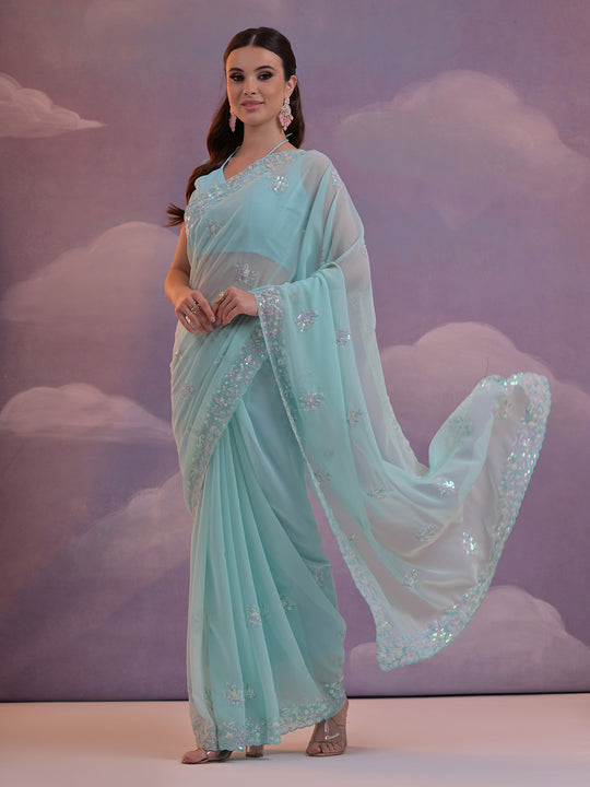 Sky Blue Pure Georgette Party Wear Saree With Blouse Piece Sky Blue Pure Georgette Party Wear Saree With Blouse Piece