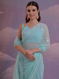 Sky Blue Pure Georgette Party Wear Saree With Blouse Piece Sky Blue Pure Georgette Party Wear Saree With Blouse Piece