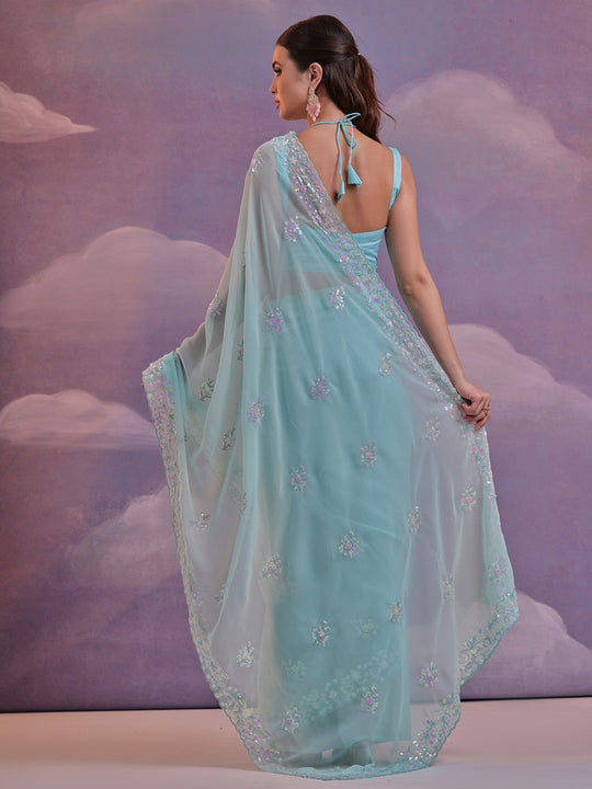 Sky Blue Pure Georgette Party Wear Saree With Blouse Piece Sky Blue Pure Georgette Party Wear Saree With Blouse Piece