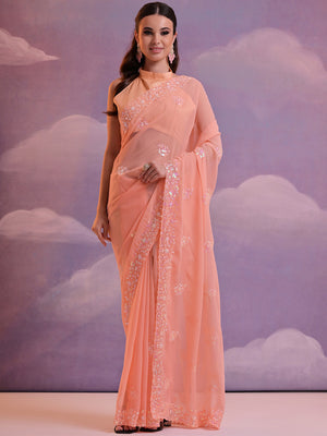 Peach Pure Georgette Party Wear Saree With Blouse Piece