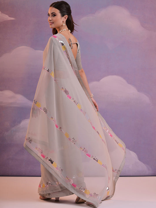 Grey Pure Georgette Festive Saree With Blouse Piece Grey Pure Georgette Festive Saree With Blouse Piece
