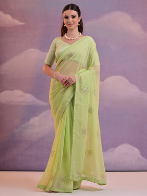 Sea Green Pure Georgette Party Wear Saree With Blouse Piece