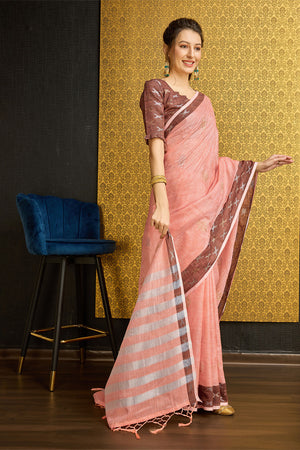Peach Linen Blend Saree With Blouse Piece
