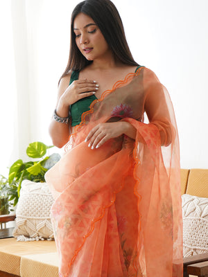 Orange Organza Saree With Blouse Piece