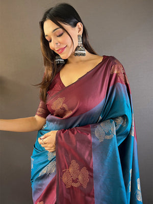 Maroon And Blue Soft Silk Saree With Blouse Piece
