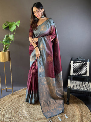 Grey And Maroon Soft Silk Saree With Blouse Piece