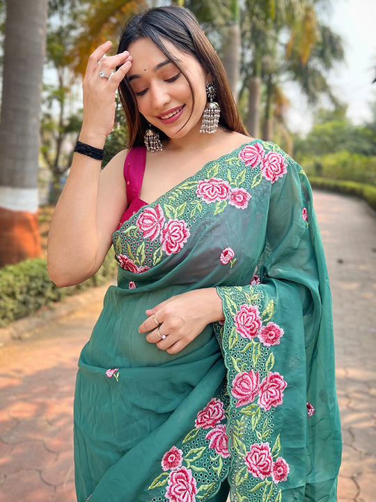Sea Green Georgette Saree With Blouse Piece Sea Green Georgette Saree With Blouse Piece