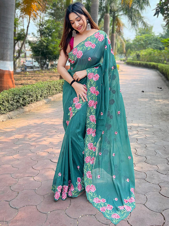 Sea Green Georgette Saree With Blouse Piece Sea Green Georgette Saree With Blouse Piece