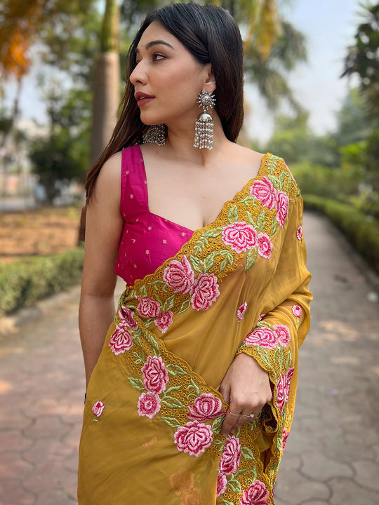 Mustard Georgette Saree With Blouse Piece Mustard Georgette Saree With Blouse Piece