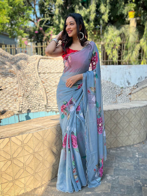 Grey Georgette Saree With Blouse Piece