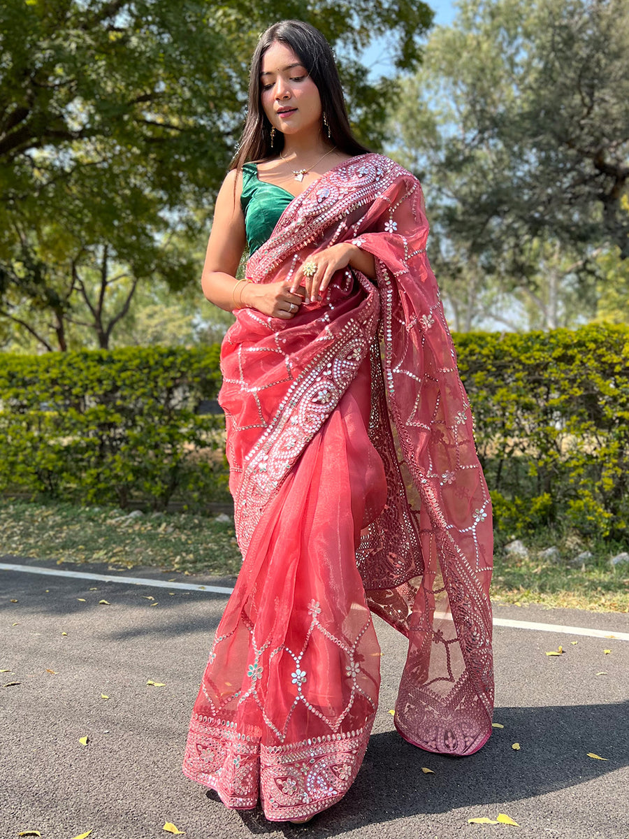 Women's Organza Maroon Embellished Designer Saree With Blouse Piece