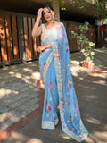 Sky Blue Georgette Saree With Blouse Piece Sky Blue Georgette Saree With Blouse Piece