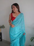 Blue Georgette Saree With Blouse Piece Blue Georgette Saree With Blouse Piece