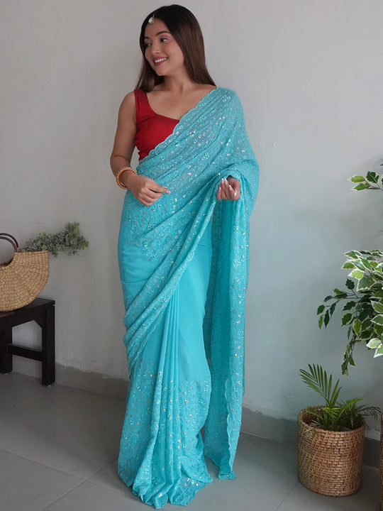Sky Blue Georgette Saree With Blouse Piece Sky Blue Georgette Saree With Blouse Piece