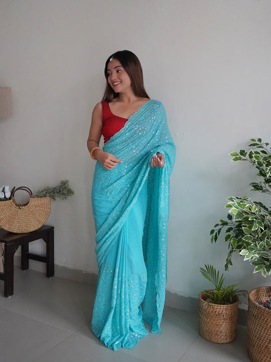 Blue Georgette Saree With Blouse Piece Blue Georgette Saree With Blouse Piece