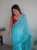 Blue Georgette Saree With Blouse Piece Blue Georgette Saree With Blouse Piece
