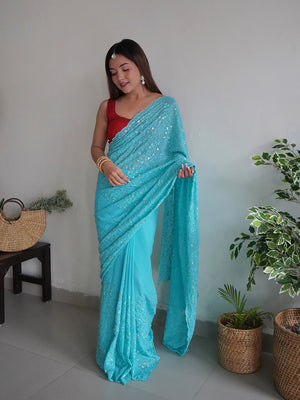 Blue Georgette Saree With Blouse Piece