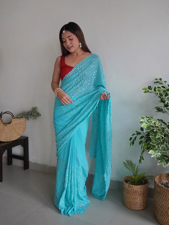 Blue Georgette Saree With Blouse Piece Blue Georgette Saree With Blouse Piece