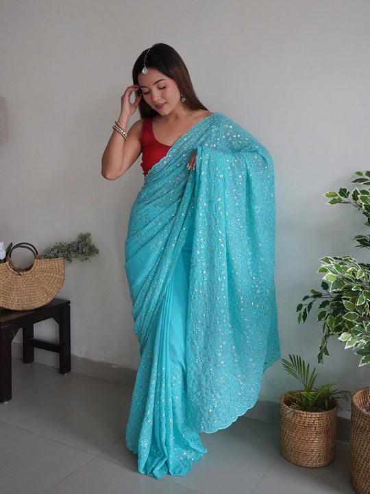 Blue Georgette Saree With Blouse Piece Blue Georgette Saree With Blouse Piece