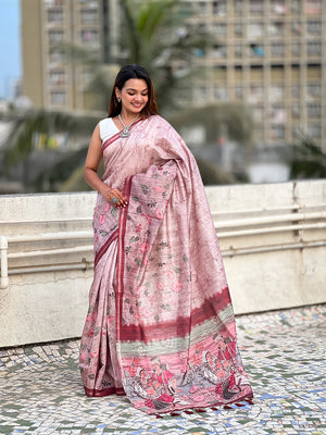 Pink Digital Printed Silk Saree With Blouse Piece