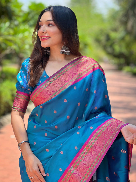 Sky Blue Paithani Silk Saree With Blouse Piece Sky Blue Paithani Silk Saree With Blouse Piece
