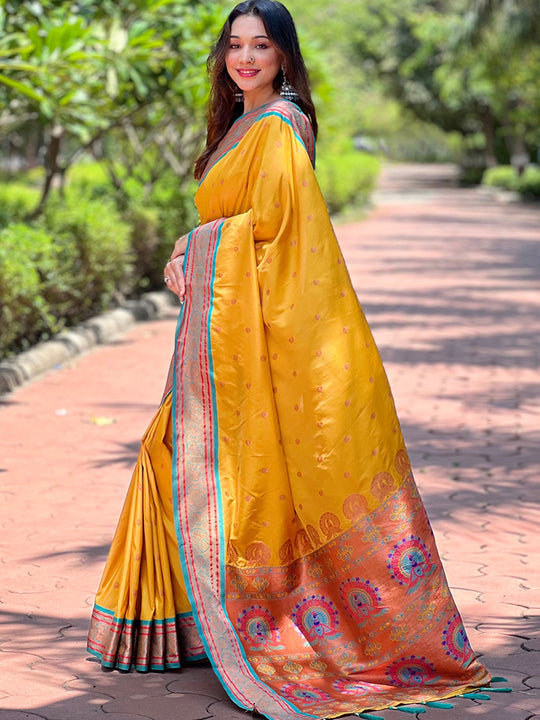 Yellow Paithani Silk Saree With Blouse Piece Yellow Paithani Silk Saree With Blouse Piece