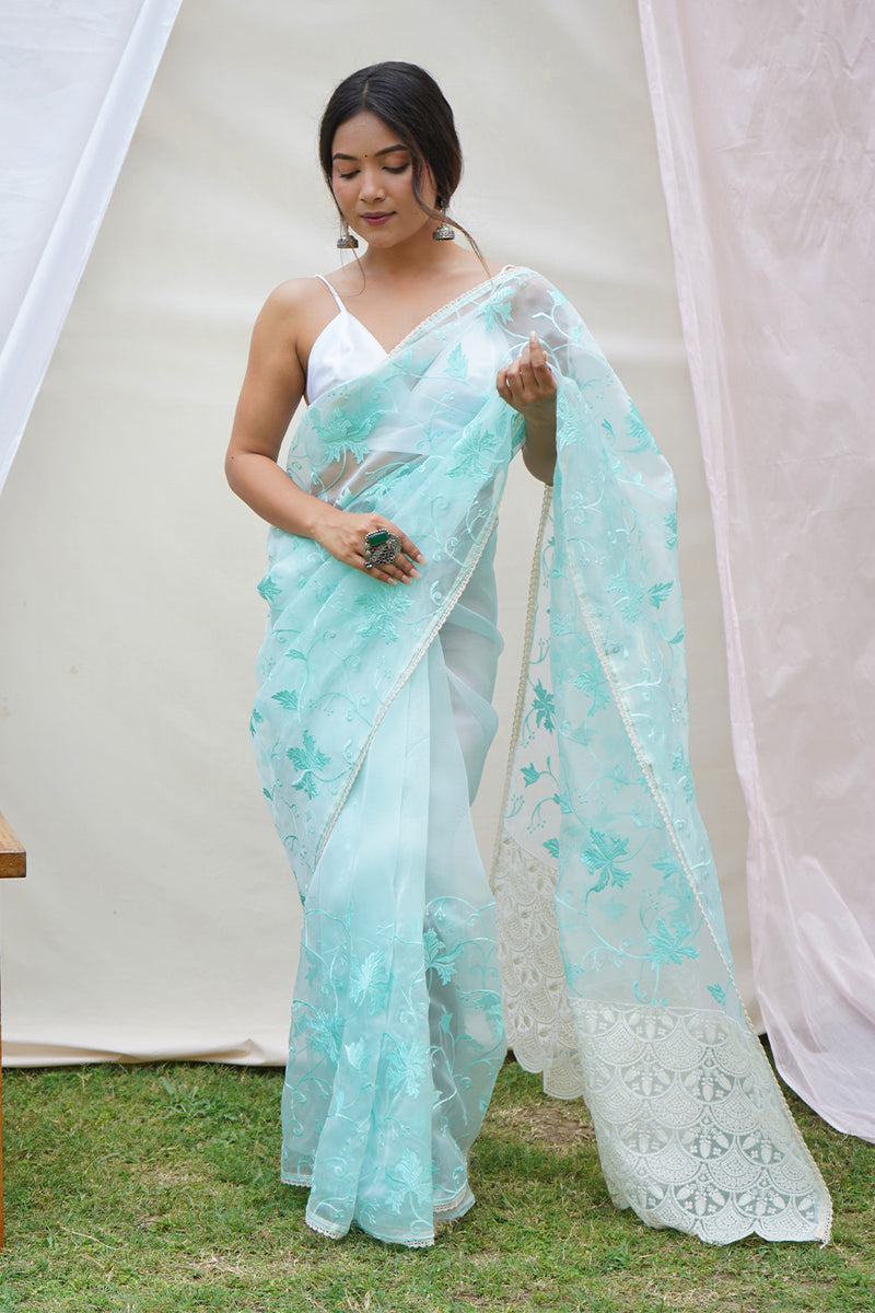 Buy Sky Blue Organza Saree With White Blouse Piece 65971 Online