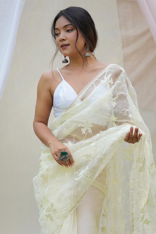 Yellow Organza Saree with White Blouse Piece Yellow Organza Saree with White Blouse Piece