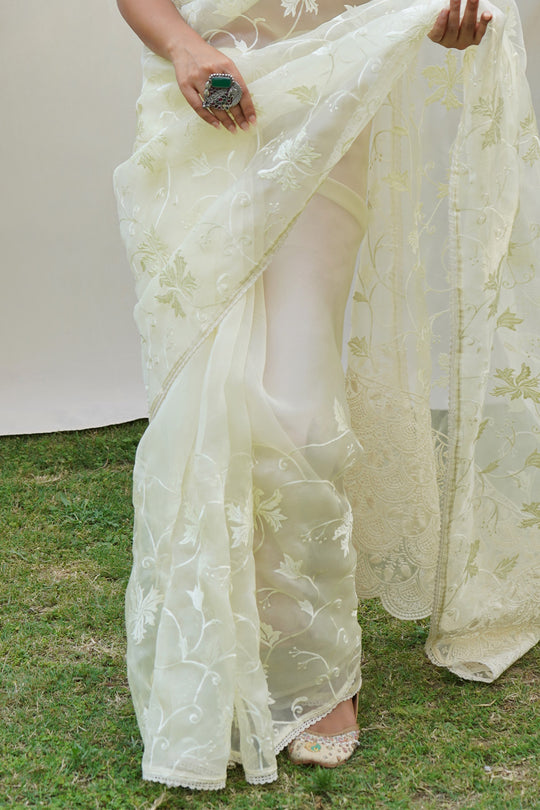 Yellow Organza Saree with White Blouse Piece Yellow Organza Saree with White Blouse Piece