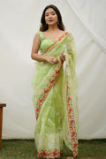 Green Organza Saree with Green Blouse Piece Green Organza Saree with Green Blouse Piece
