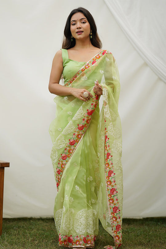 Green Organza Saree with Green Blouse Piece Green Organza Saree with Green Blouse Piece