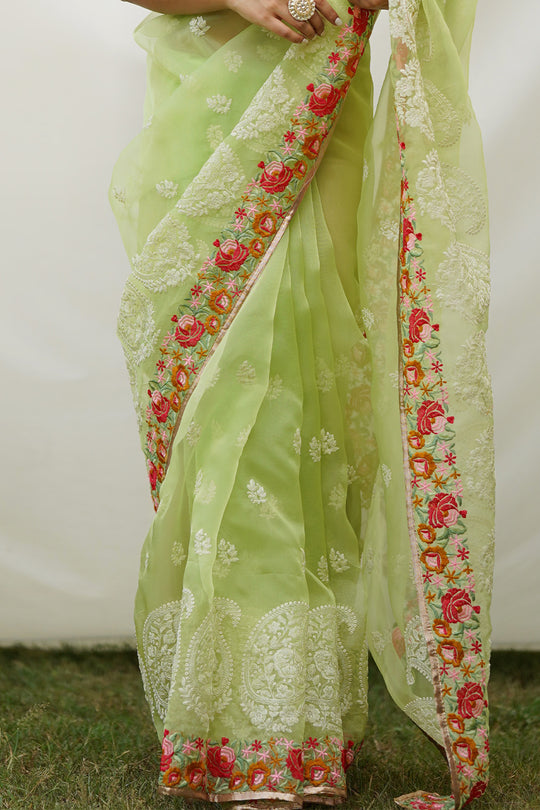 Green Organza Saree with Green Blouse Piece Green Organza Saree with Green Blouse Piece