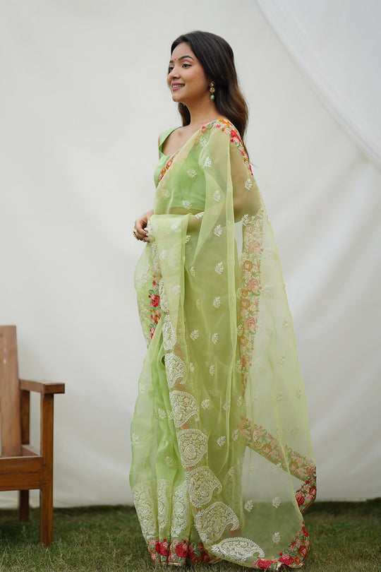 Green Organza Saree with Green Blouse Piece Green Organza Saree with Green Blouse Piece
