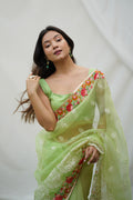 Green Organza Saree with Green Blouse Piece Green Organza Saree with Green Blouse Piece