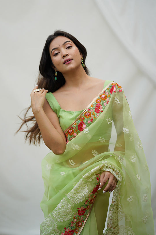 Green Organza Saree with Green Blouse Piece Green Organza Saree with Green Blouse Piece